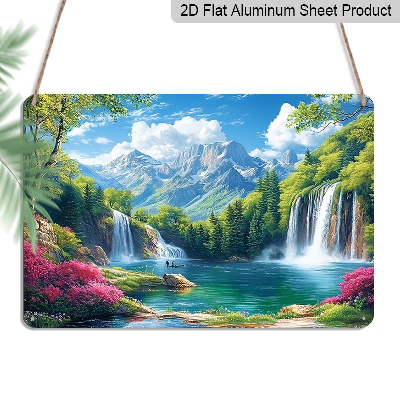 2D Flat, 1pcValley Scenery Light Stream Waterfall Landscape Aluminum Metal Sign, 12 ×8  - Vibrant Nature Landscape with Lake & Flowers Plaque 20*30cm