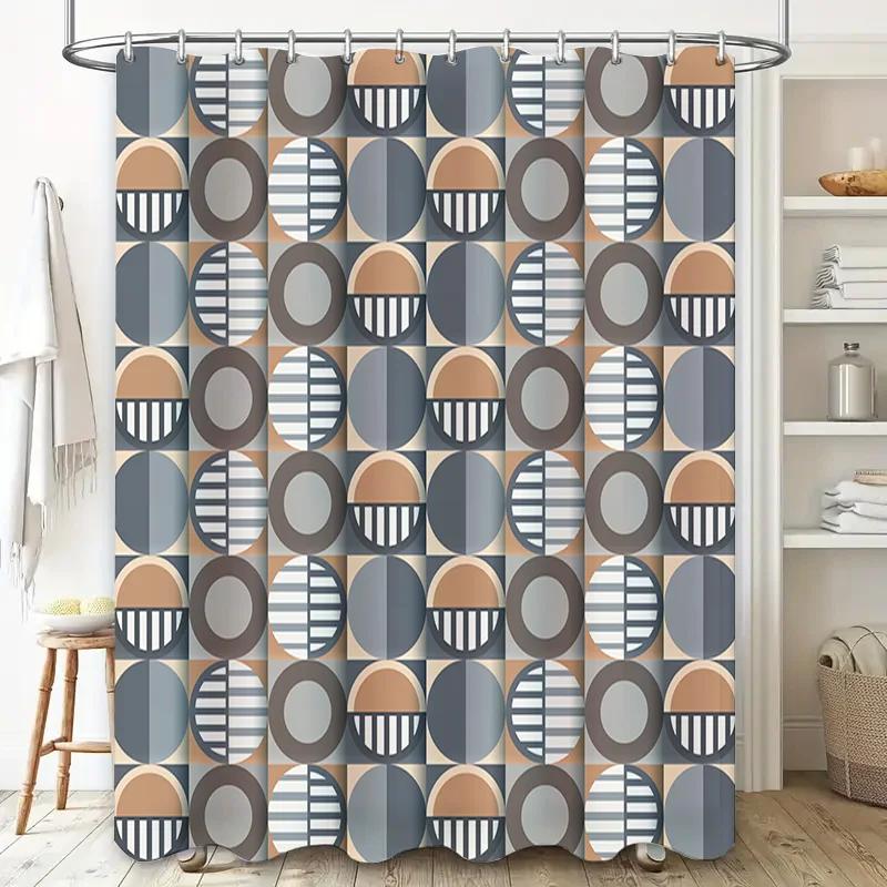 Modern Round Geometric Design Shower Curtain  for Bathroom Decor in Blue Gray Brown Color 3D Printed Fabric Material with Ant