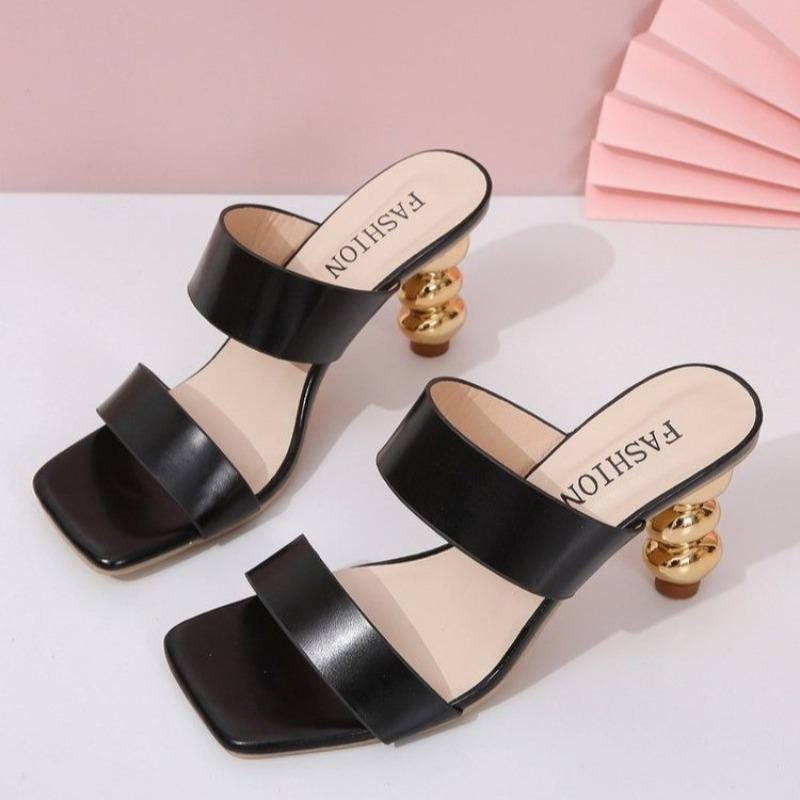 Special Heel Slippers Women's Outside Wear Summer Square Toe Open Toe One Strap Non-slip High Heels