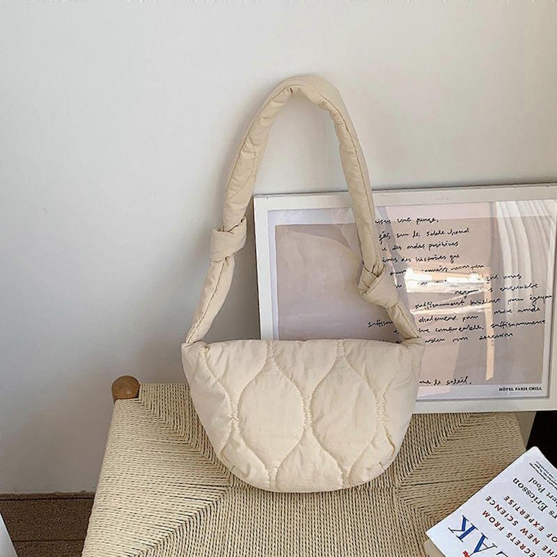Women Casual Underarm Bag Retro Nylon Satchel Bag Semicircle Crossbody Bag with Zipper Vintage Solid Color Shoulder Bag White