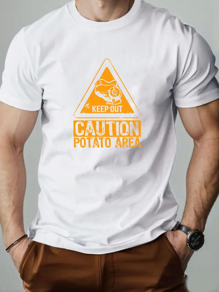 Mens cotton Tshirt CAUTION POTATO AREA summer round neck short sleeve graphic breathable fashion casual Tshirt