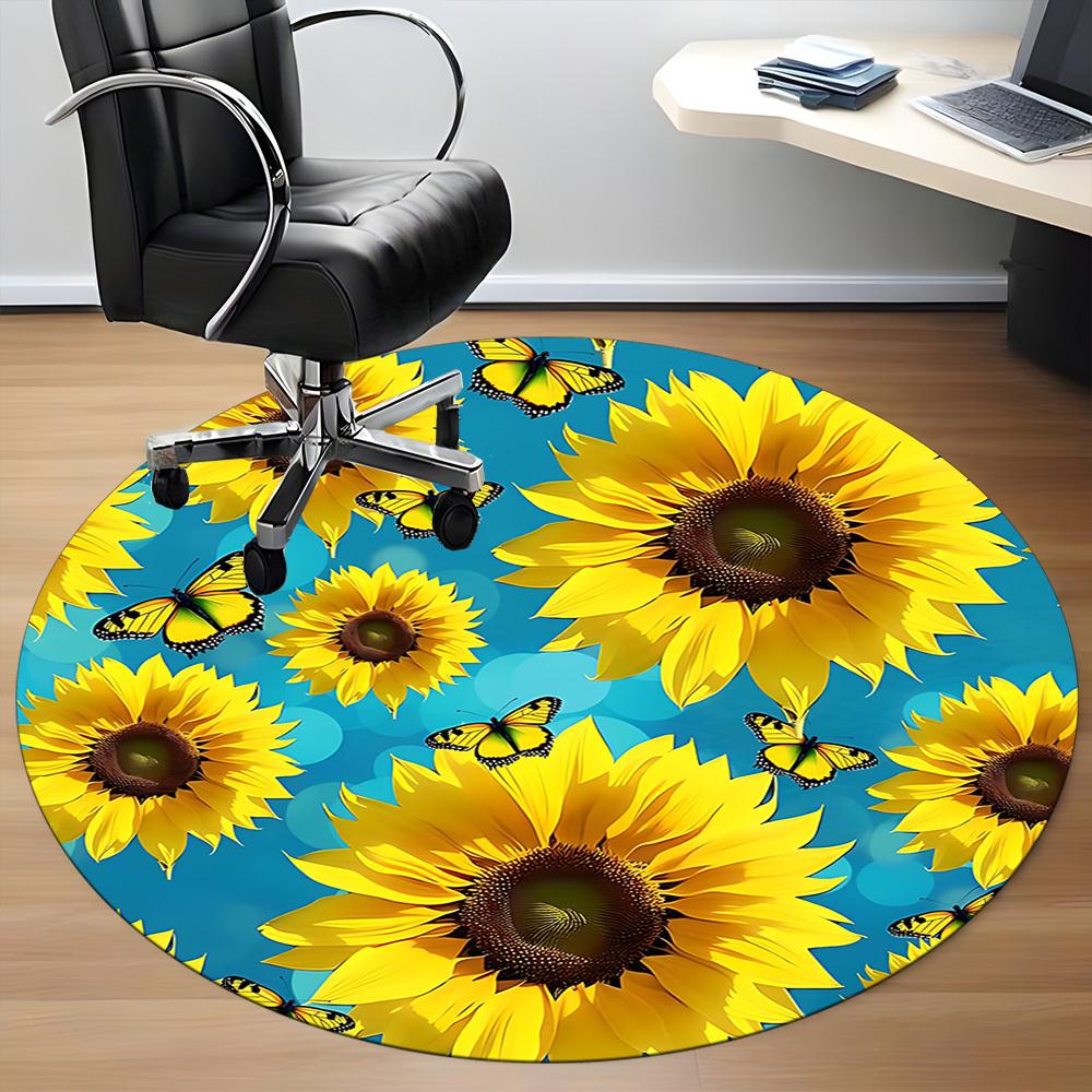 1pc Sunflowers Butterflies Office Round Area Rug, Indoor Mat Suitable For Office, Under Office Chairs Bedroom Living Room Home Decor, Room Deco