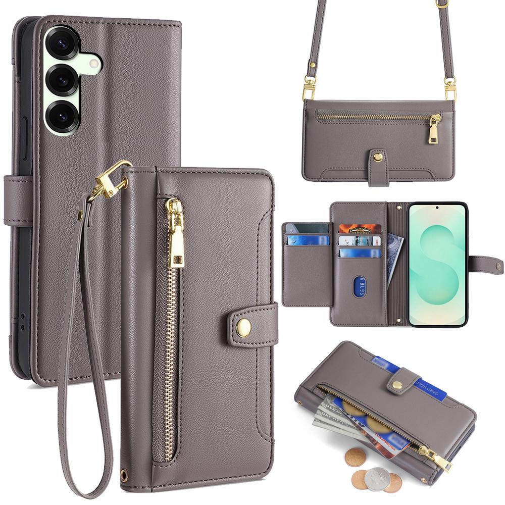 Pro Samsung Galaxy S25+ Kožené pouzdro Kapsa na zip Peněženka Kryt na telefon se 2 popruhy