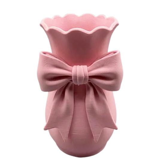 Pink White Bow Vase Plastic Farmhouse Flower Vase Makeup Brush Pen Holder for Table Bathroom Shelf Centerpiece