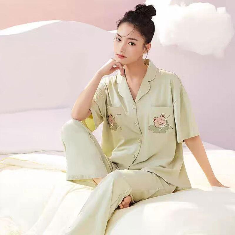 Women'S Pajamas, Summer Cardigan, Cotton Japanese Simple Short-Sleeved Trousers, Soft And Skin-Friendly Student Loungewear Two-Piece Set