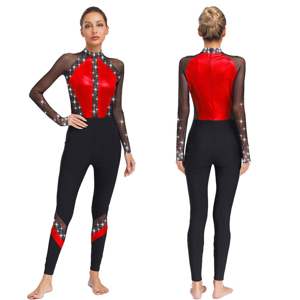 Sparkling Rhinestone Dance Leotard for Women, Full Body Long Sleeve Jumpsuit with Sheer Mesh Patchwork & Color Block Design