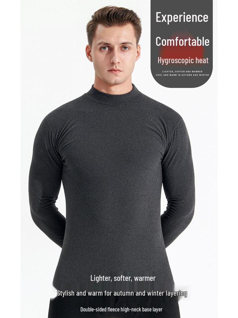 Men's Velvet Base Layer Semi-High Neck Fleece Long Sleeve Warm Top