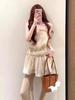 Lace Spliced A-Line Skirt & Camisole Pleated Dress - Slim-fit, Cinched Waist, Layered Vacation Style