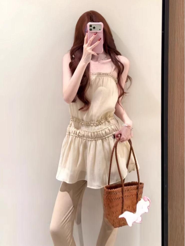 Lace Spliced A-Line Skirt & Camisole Pleated Dress - Slim-fit, Cinched Waist, Layered Vacation Style