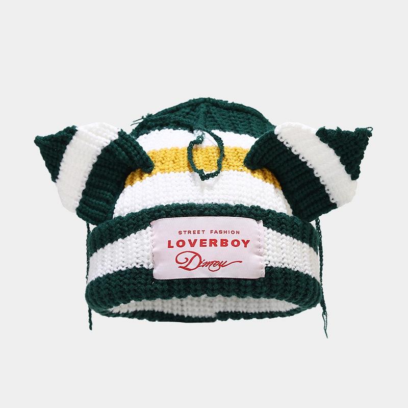 Niche Cute Pig Ears Splicing Knitted Hat Men's and Women's Trend Contrasting Color Sticker Wool Thermal Hat