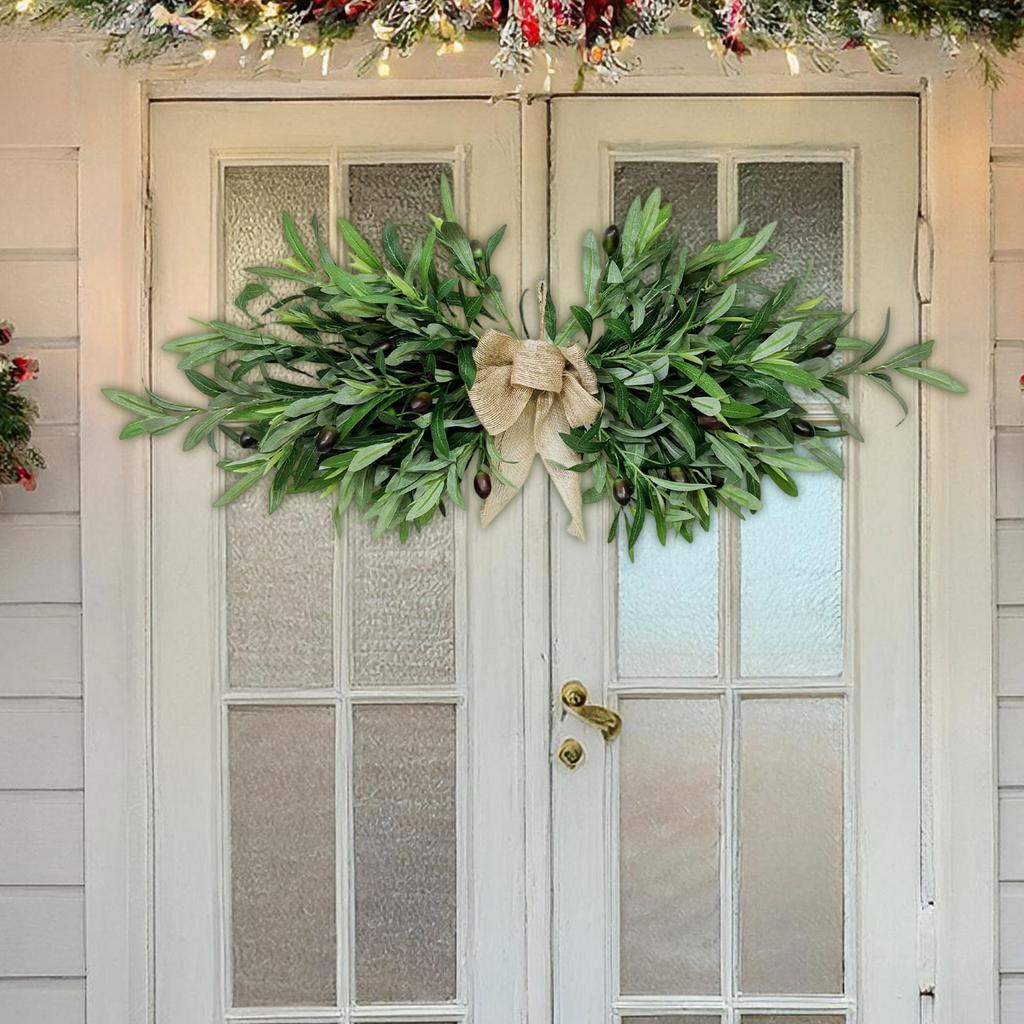 Artificial Leaf Garland with Bow Realistic Faux Greenery Decorative Swag for Door Mantel Tabletop Wall Home Office Indoor Outdoor Use