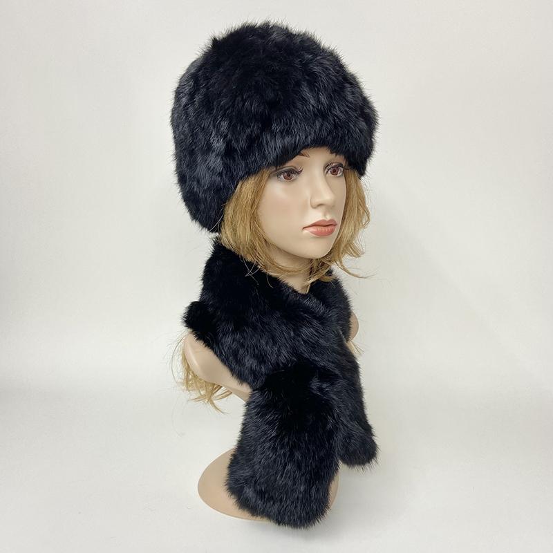 Winter Warm Rabbit Fur Hat Scarf Set Natural Fur Knitted Shawl High Elastic Women Beanie