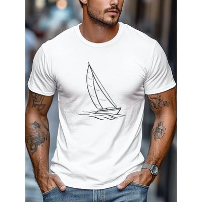Europäische Größe Herren T-Shirt, Locker und Lässig, Schlicht und Sauber, Minimalistisches Segelbootmuster für Herren, Sommerliches Lässiges Rundhals-Kurzarm-T-Shirt