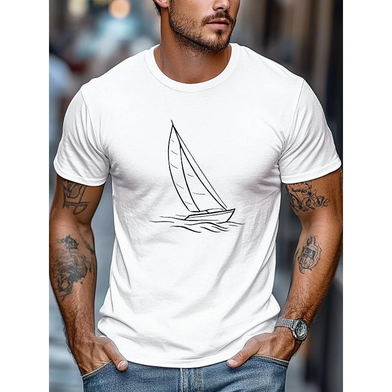 European Size Men's T-shirt, Relaxed and Casual, Simple and Clean, Men's Minimalist Sailboat Pattern Summer Casual Crew Neck Short-sleeve T-shirt