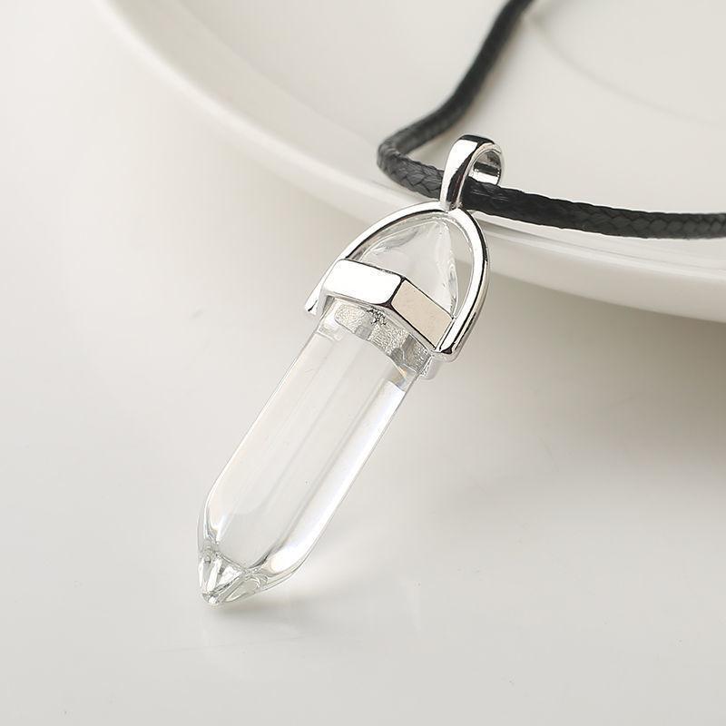 Naturstein Anhänger Halskette Damen Mädchen Geschenk PU Leder Sechseckige Säule Spitz zulaufender Schmuck
