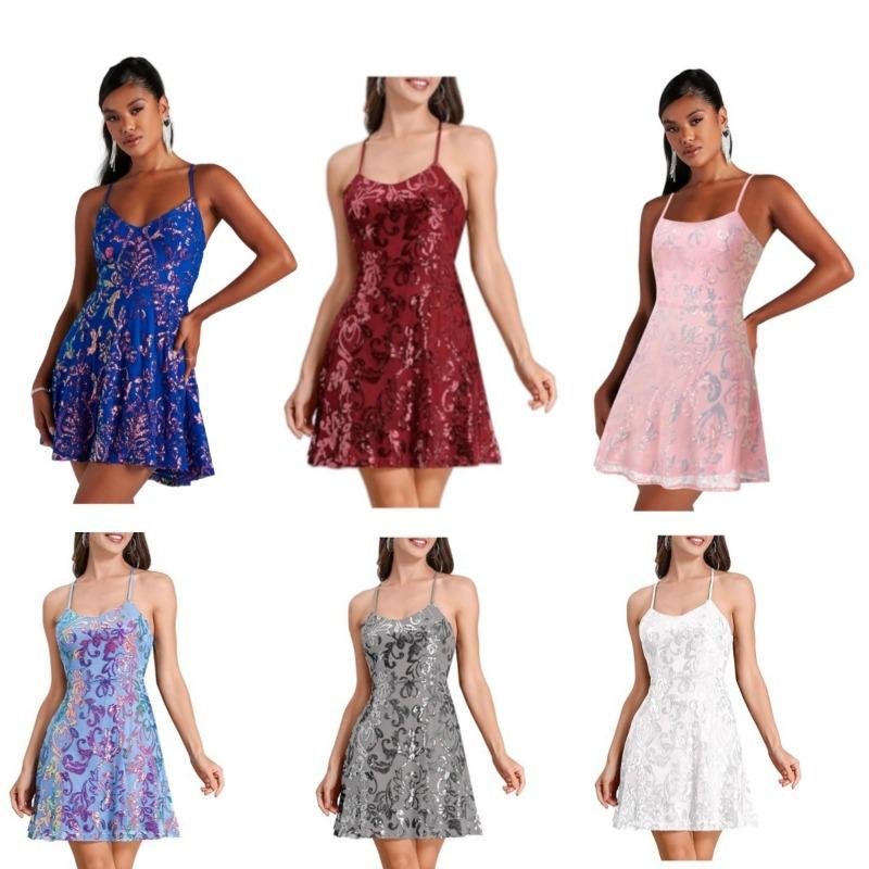 Women Sequined Loose V Neck Sleeveless Strap Cocktail Party Dress