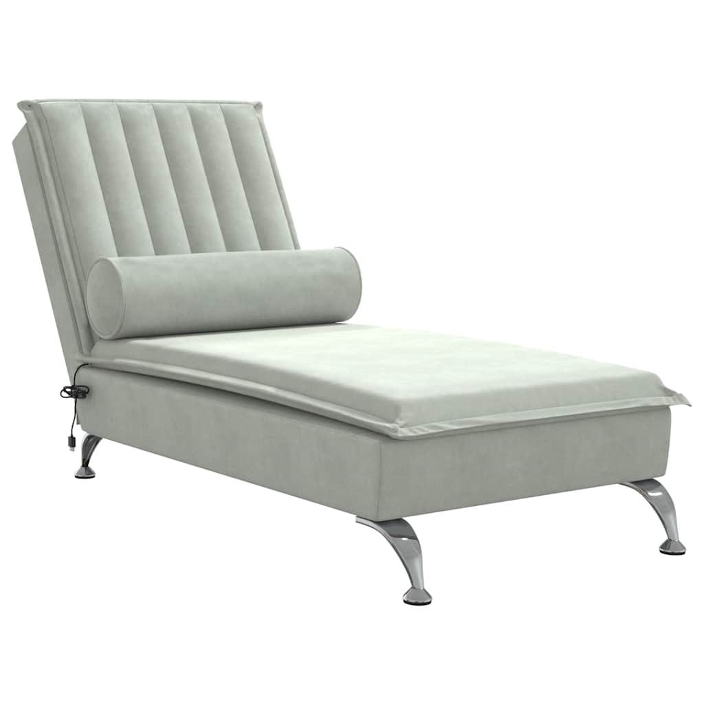 Massage Chaise Lounge with Neck Roll Light Grey Velvet