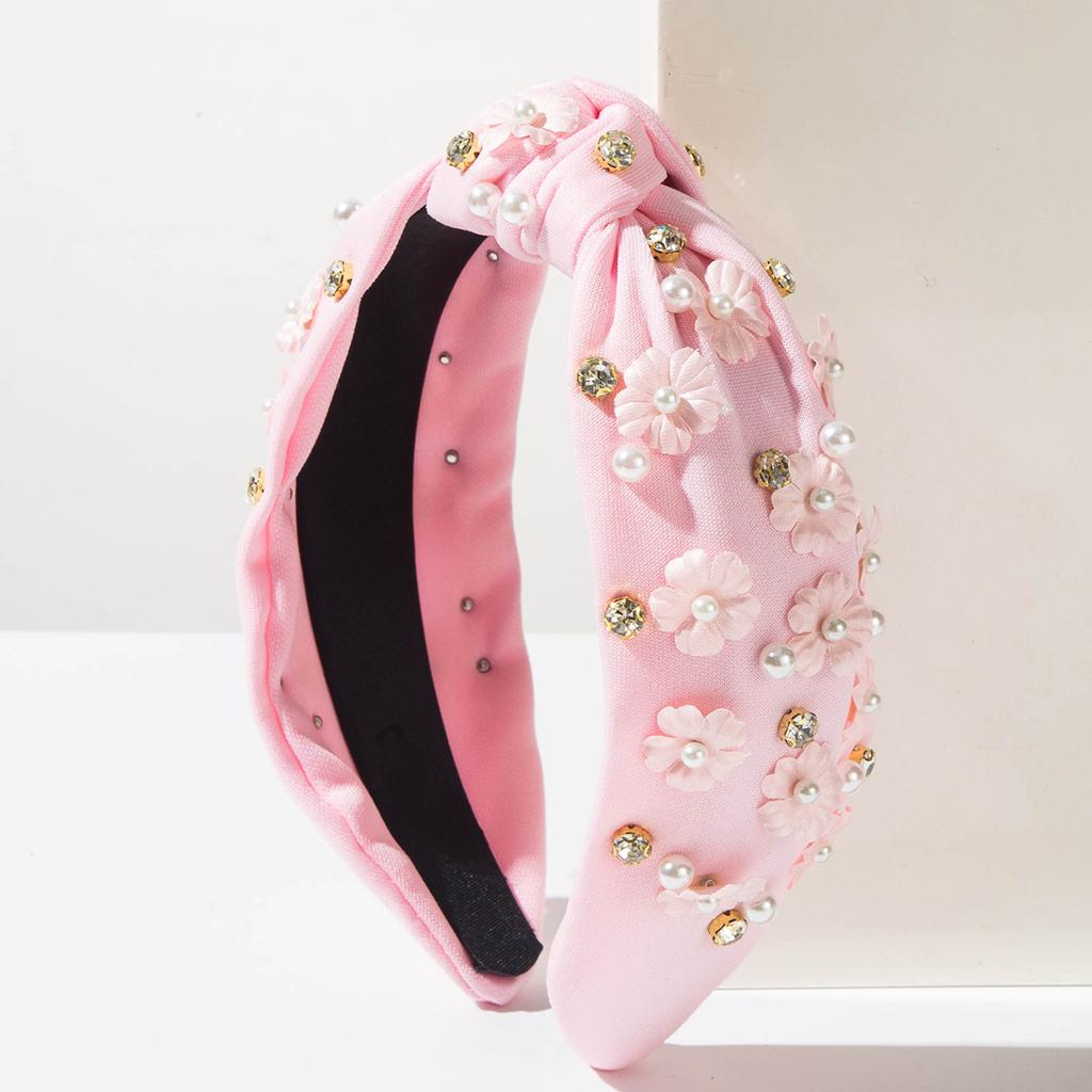 Stylish Solid Color Rhinestone Pearl Flower Wide-brimmed Knotted Headband for Women, Fresh, Sweet and Versatile Outerwear Accessory.