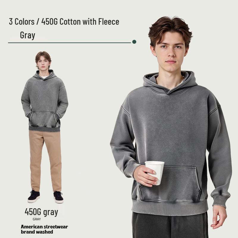 450G Heavyweight Cotton Hooded Sweatshirt - Trendy Retro American Style, Plus Size Solid Color, Unisex. XXL светло-серый