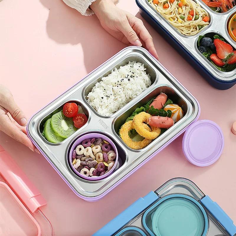 4 Divided Stainless Steel Compartments Bento Lunch Box Kids Insulated Lunch Box for School Office Kitchen Food Storage Container