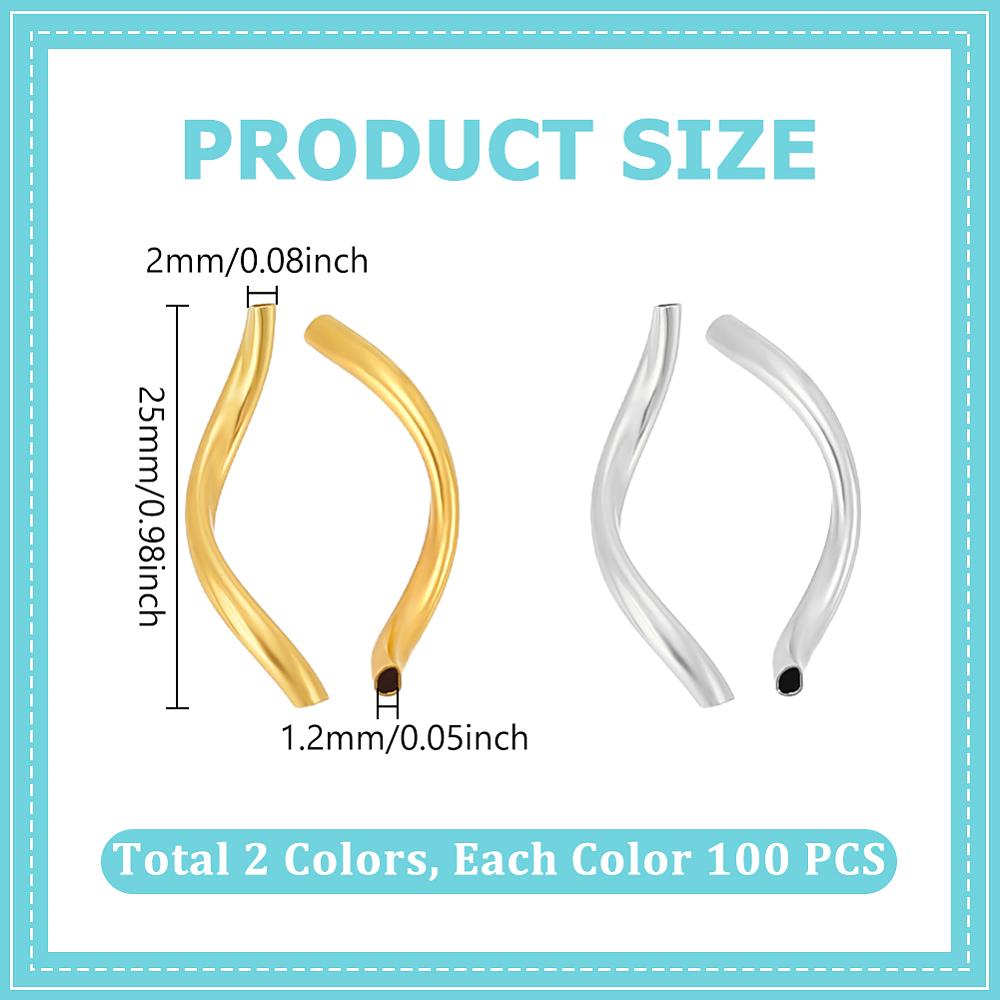 200Pcs 2 Colors Brass Twist Tube Beads, Cadmium Free & Lead Free, Platinum & Golden, 24~25x2mm, Hole: 0.9~1.2mm, 200pcs/set