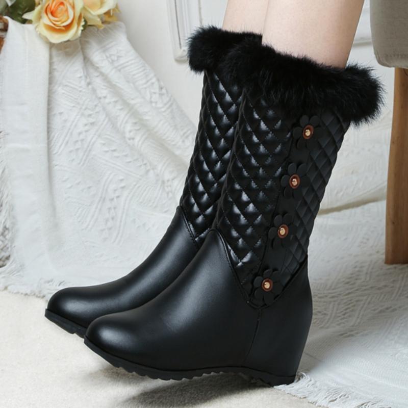 White Women's Winter Fur Snow Boots Black Mid-calf Boot Female Wedge Heels Decoration Footwear Shoe Mother Large Size Waterproof