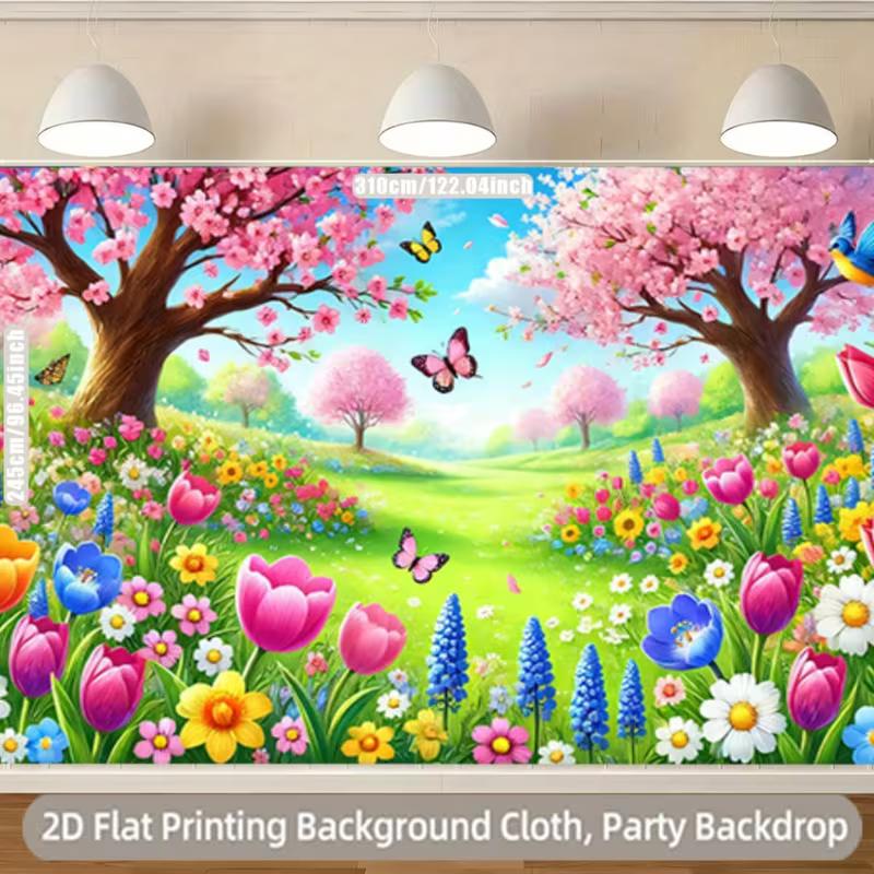 Cartoon Spring Cherry Blossom and Flower Backdrop Kids Party Photo Booth Background Banner