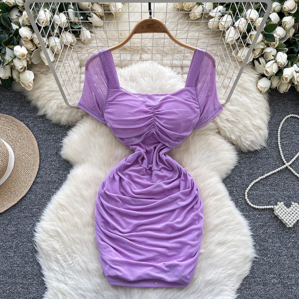 Summer Women Square Collar Short Sleeve Mini Sexy Club Party Slim Bodycon Sheath Dresses