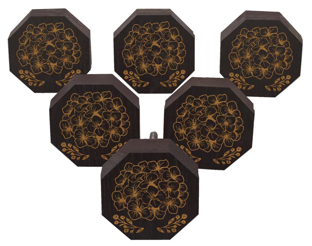 IBA Indianbeautifulart Brown Engraved Knobs Wooden Cupboard Door Knobs Pull Handle Pack of