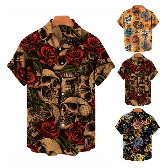 Lapel Short Sleeve Single Breasted Men Shirt Summer Flower Skull Print Hawaiian Shirt Beachwear