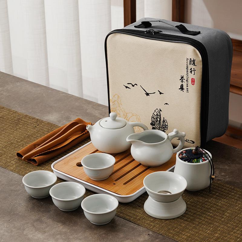 Chinese Kung Fu Travel Set, Ceramic Portable Teapot,Travel Tea Set Portable Outdoor Kung Fu Ceramic Teapot Plate Set