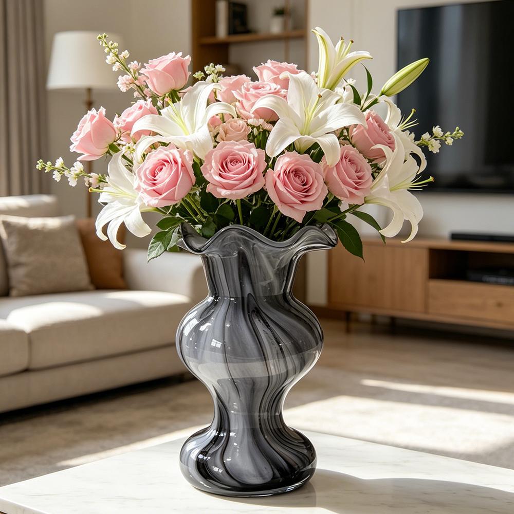 Clear Hobnail Glass Flower Vase with Ruffled Rim, Handmade Bubble Texture Vase for Home Decor