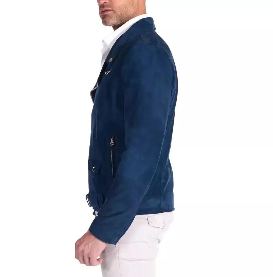 Men's Navy Blue Genuine Pure Soft Suede Leather Jacket Motorcycle Biker Casual