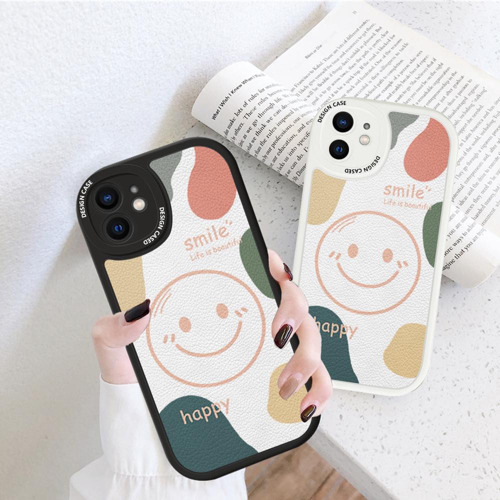 Slim Skin Feeling Cartoon Happy Smile Soft Silicone PU Leather Cover Phone Case for iPhone Samsung Huawei Honor Xiaomi Redmi OPPO Realme Vivo