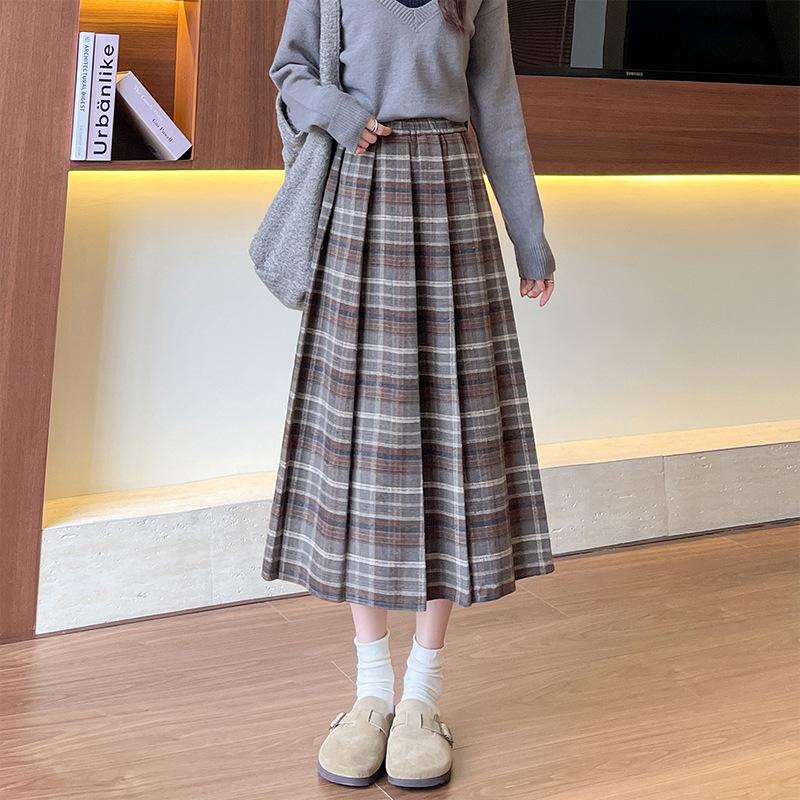 

Women s High Waist Slim Mid-length Skirt Pleated Plaid Skirt Elastic Waist Cover Flesh A-line Woolen Pleated Skirt S хаки