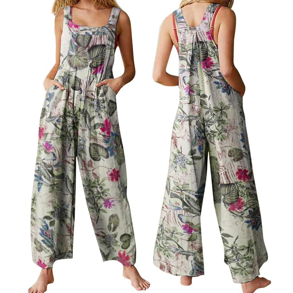 Women Ethnic Style Jumpsuits Summer Overalls Multicolor Square Neck Sleeveless Casual Rompers with Pockets for Girls Playsuit