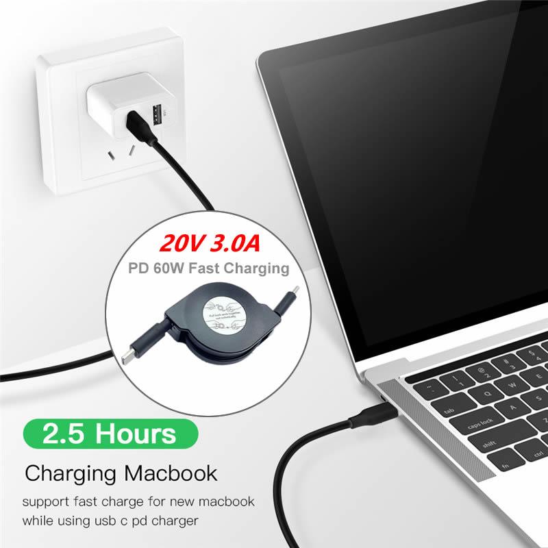 PD 60W USB C Retractable Fast Charging Cable for Macbook Type C Mobile Phone Switch Tablets and More Devices