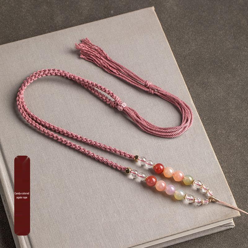 

Hand-Woven Crystal Agate Pendant Lanyard: Four-Strand Ethnic Amulet Rope for Men and Women
