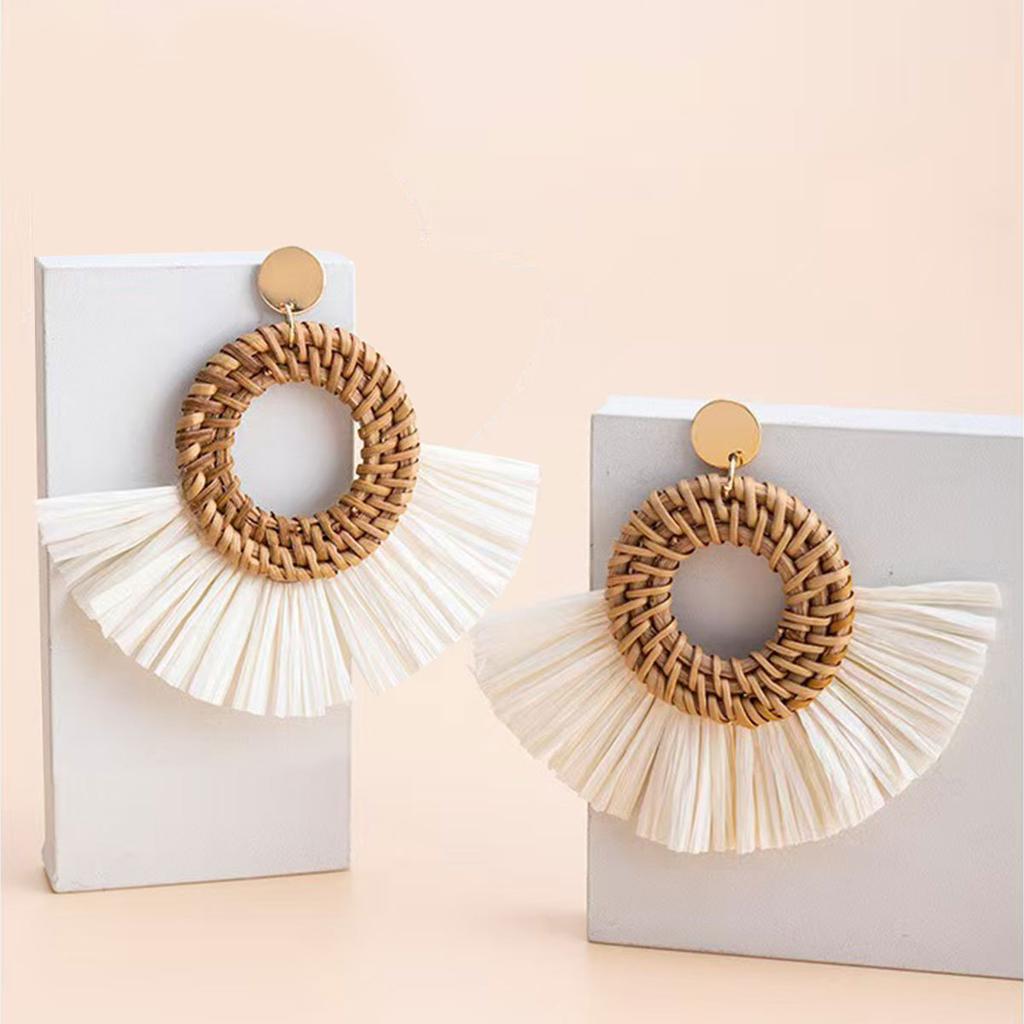 Hand-Woven Geometric Rattan Raffia Earrings, Retro Resort Fan Stud Earrings, Earrings For Women