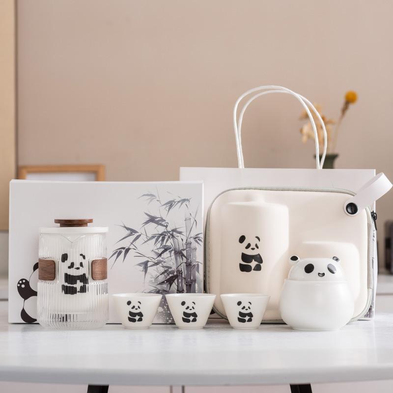 Panda Merchandise Travel Tea Set a Pot of Three Four Six Cups Suet Jade Porcelain High-end Corporate Business Gift Set
