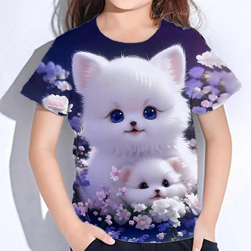 Children's Cartoon Kitten Printed Colorful Round Neck T-shirt for Girls, Fashionable Soft Comfortable T-shirt