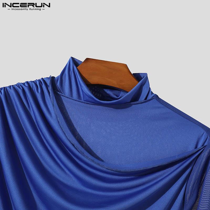 INCERUN Men Ruffled High Neck Patchwork Front Cross Fitted Tops Mesh Sheer Irregular T-shirts