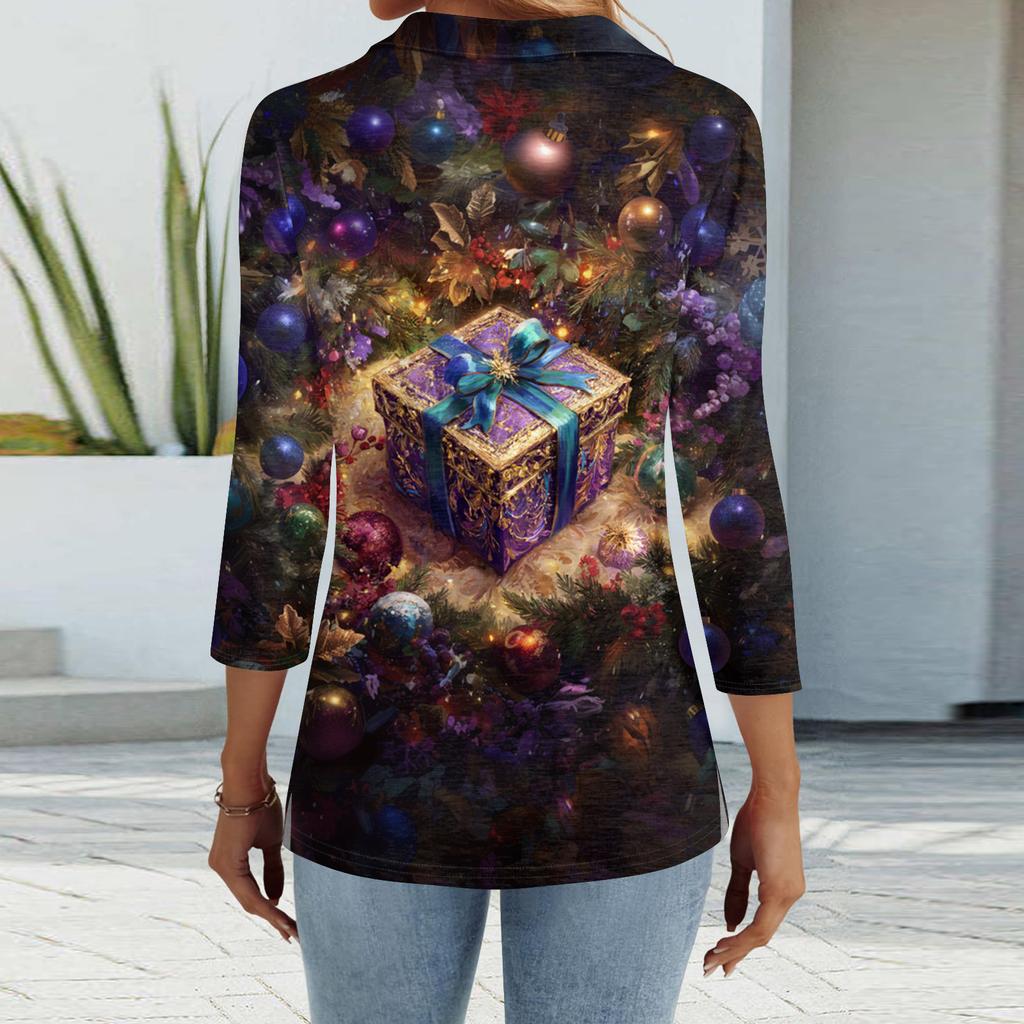 Women's Fashion Casual Button 3/4 Sleeve Vintage  Print Lapel Top