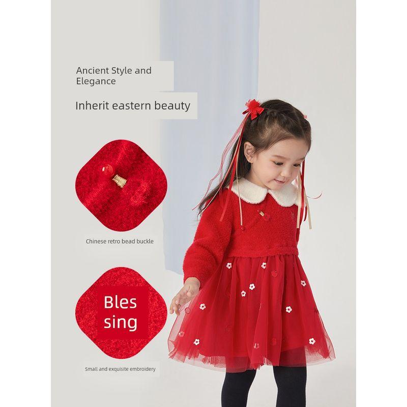 David Bella Girls' Sweater Dress Spring Outfit with Fleece Knit Dress Children's National Style New Year Dress Children's Clothing