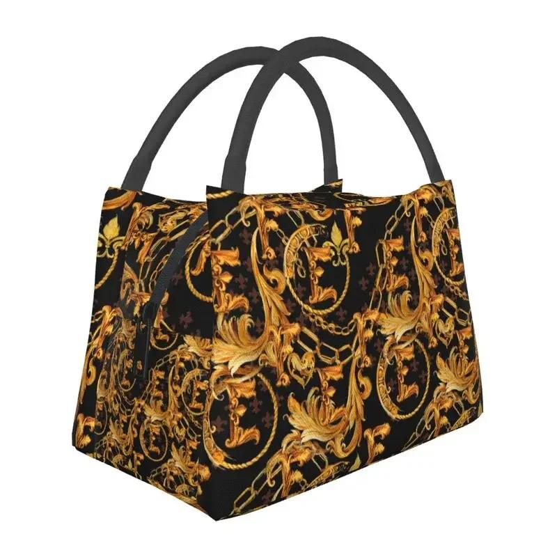 Luxury Golden Europe Floral Insulated Lunch Bag for Work Office Leakproof Thermal Cooler Lunch Box Women