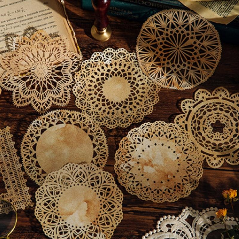 10-sheet Junk Journal Vintage Yellowed Coffee Dyed Hollow Lace Material Paper DIY Scrapbooking Collage Diary Album Decor