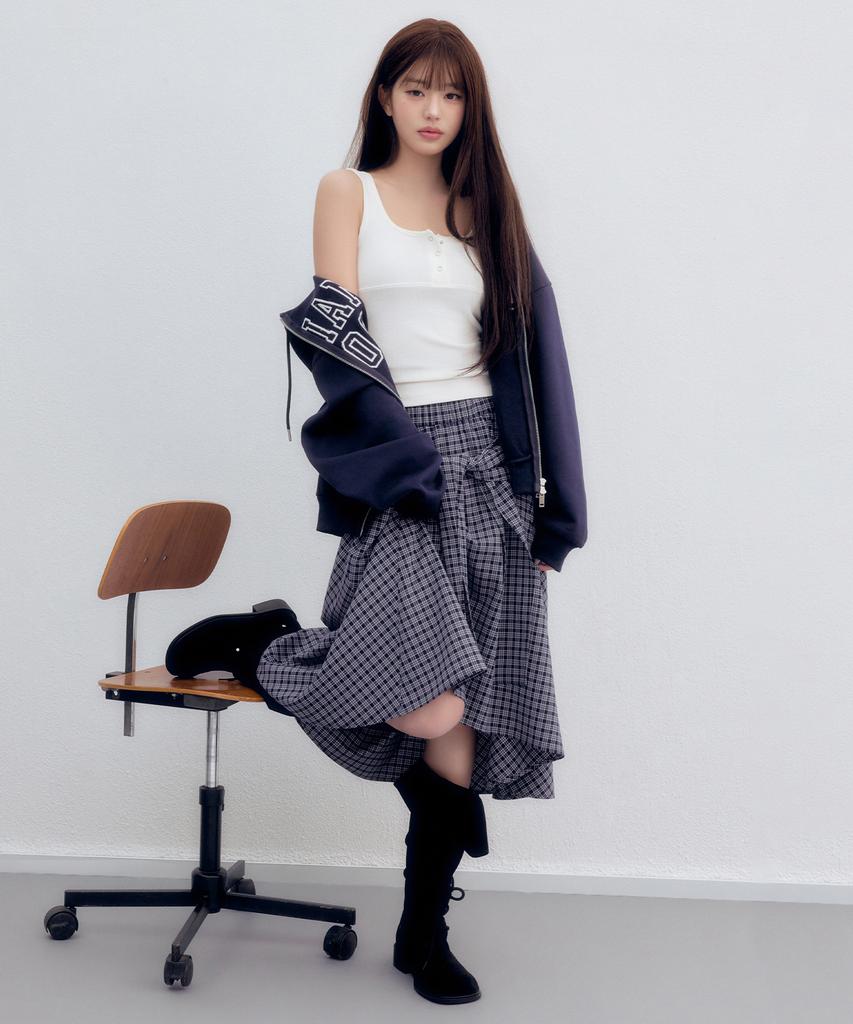 Lora Lora Tied Check Long Skirt Navy
