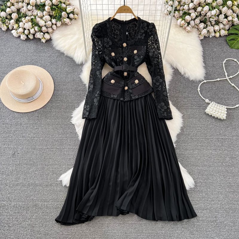

Ladies Long Sleeves Lace Patchwork Dress Fake Two-Piece Black L