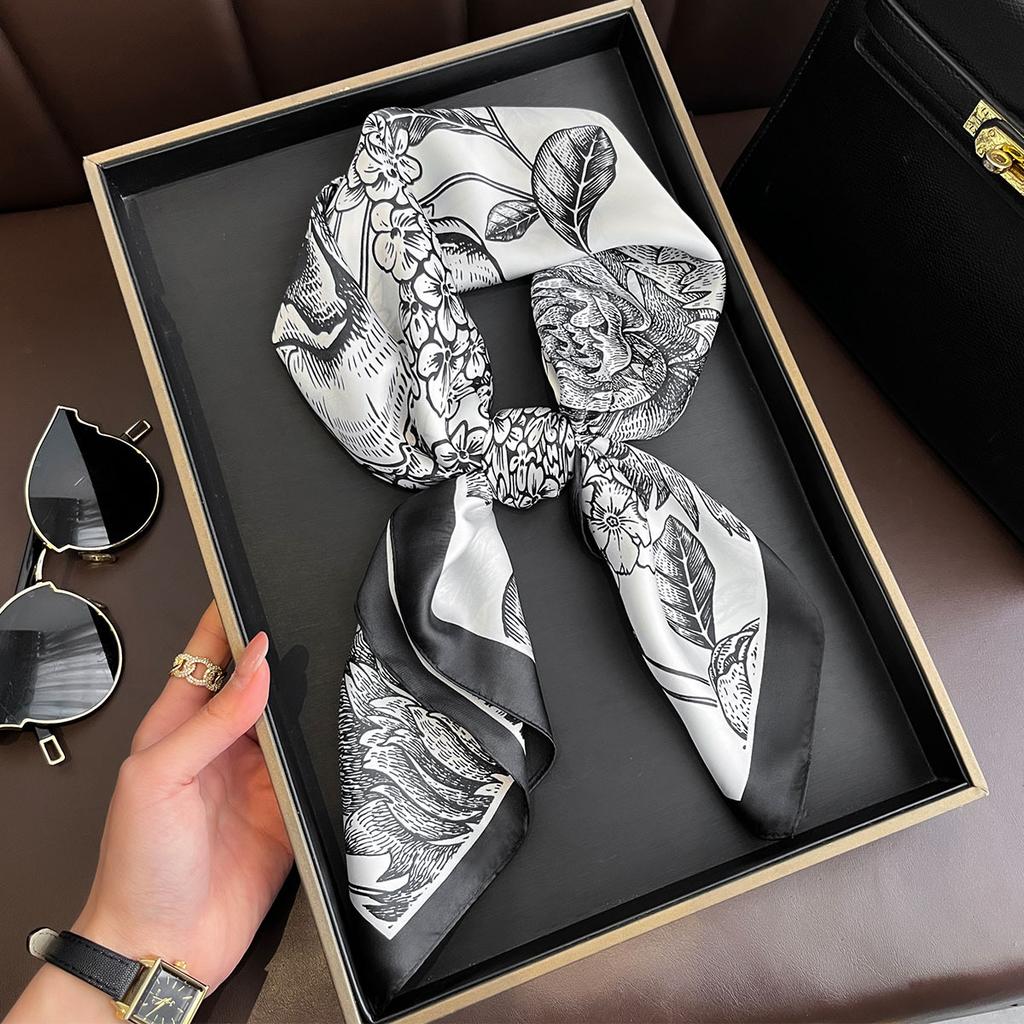 Eșarfă din Mătase Imitată Pentru Femei, cu Imprimeu Floral, Eșarfă de Gât, Bandană de Lux, Eșarfă Pătrată, Bentiță de Primăvară/Vară, Hijab