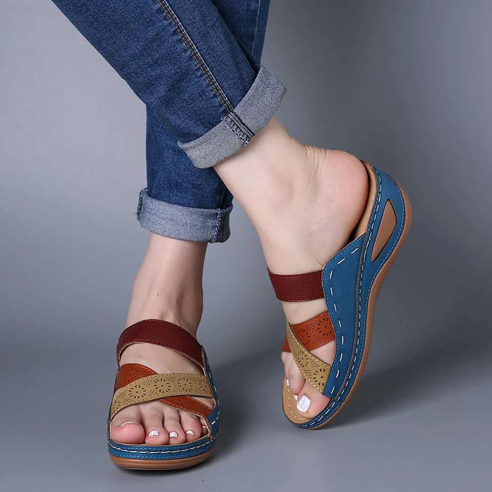 Summer new thick-soled color matching fish mouth wedge heel sandals, hollow carved women's shoes